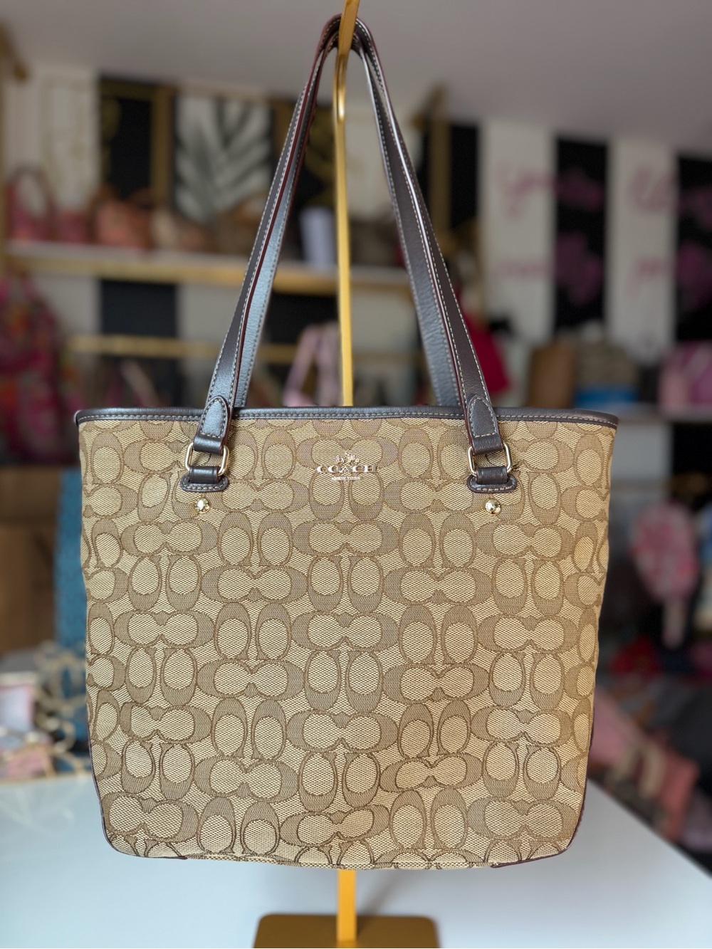 Coach F58282 Outline Signature Zip Top Tote Khaki Brown Shoulder Bag